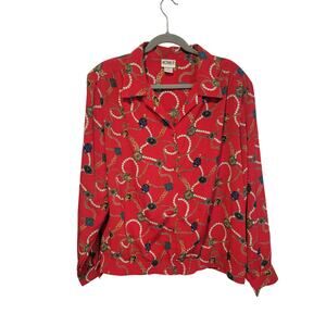 Vintage 80s‎ Koret 20 Red Pearl Necklace Print Collar Button Popover LS Blouse